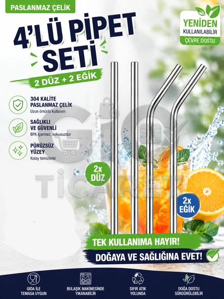 4'lü Paslanmaz Çelik Pipet Seti 2 Düz 2 Eğik Yeniden Kullanılabilir ürün görseli 1