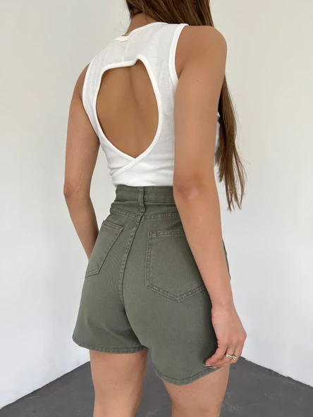 Mom Kalıp Yıkamalı Denim Şort - Resim 5