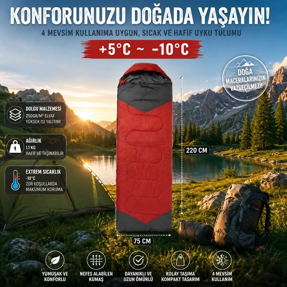 4 Mevsim Uyku Tulumu +5°C -10°C Kamp Uyku Tulumu Nefes Alabilen Kumaş KIRMIZI ürün görseli 1