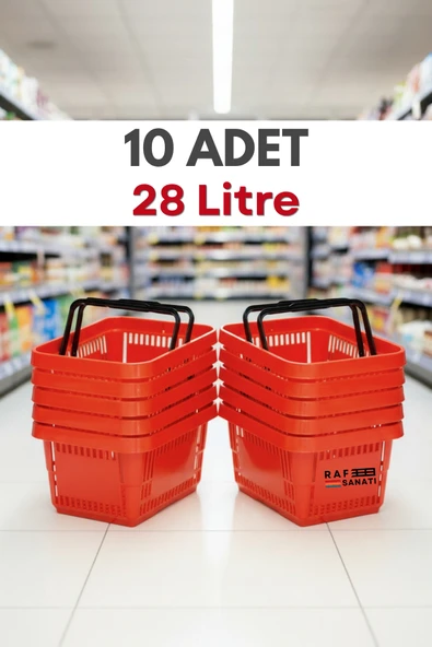 10 Adet - 28 Litre Plastik Market Alışveriş Sepeti Saplı Dayanıklı Market Mağaza El Sepeti Kırmızı ürün görseli 1