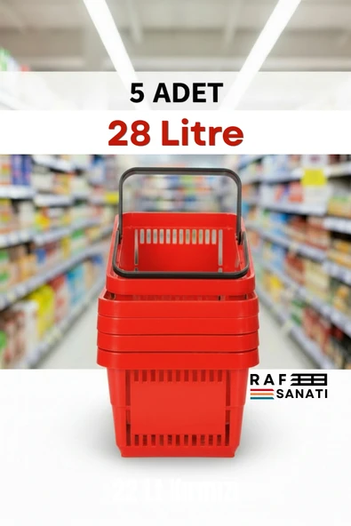 5 Adet 28 Litre Plastik Market Alışveriş Sepeti Saplı Dayanıklı Market Mağaza El Sepeti Kırmızı ürün görseli 1