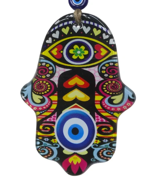 Renkli Cam Hamsa Eli Duvar Dekoru - Nazar Boncuklu Jüt İpli Süs 10x15 cm ürün görseli 1