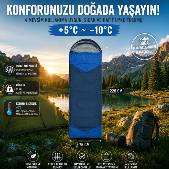 4 Mevsim Uyku Tulumu +5°C -10°C Kamp Uyku Tulumu Nefes Alabilen Kumaş LACİVERT ürün görseli 1