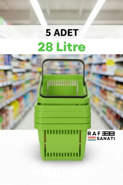 5 Adet - 28 Litre Plastik Market Alışveriş Sepeti Saplı Dayanıklı Market Mağaza El Sepeti Yeşil ürün görseli 1