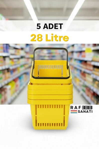5 Adet - 28 Litre Plastik Market Alışveriş Sepeti Saplı Dayanıklı Market Mağaza El Sepeti Sarı ürün görseli 1