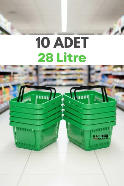 10 Adet - 28 Litre Plastik Market Alışveriş Sepeti Saplı Dayanıklı Market Mağaza El Sepeti Yeşil ürün görseli 1