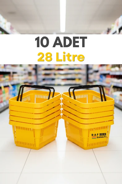 10 Adet - 28 Litre Plastik Market Alışveriş Sepeti Saplı Dayanıklı Market Mağaza El Sepeti Sarı ürün görseli 1
