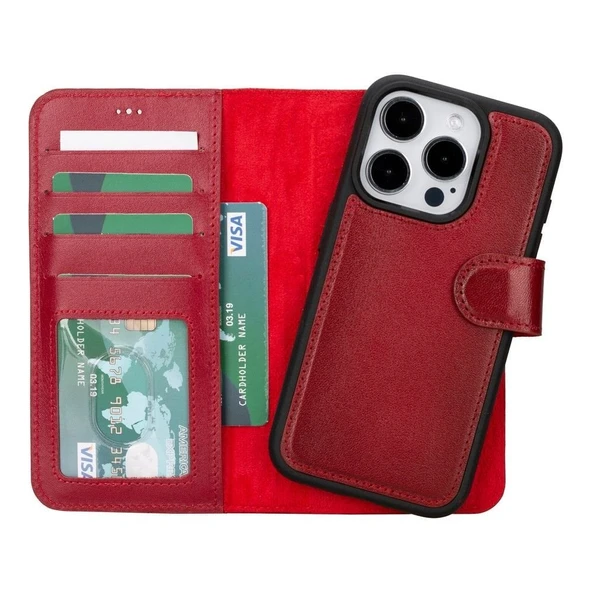 Apple iPhone 15 Pro Uyumlu Deri Cüzdanlı Kılıf MWWN V4EF Kırmızı ürün görseli 1