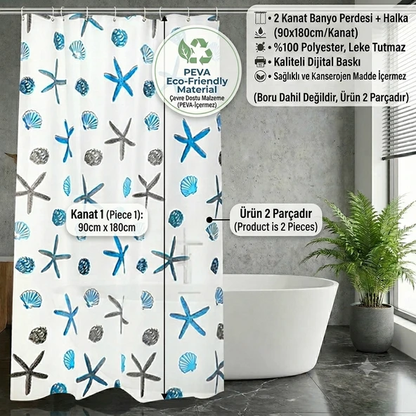 Çift Kanatlı Banyo Perdesi, Desenli Duş Perdesi, Küvet Perdesi, Halkalı 2 Adet 90x180 Cm ürün görseli 1