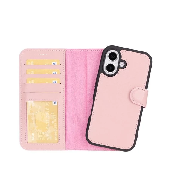 Apple iPhone 16 Plus uyumlu, Hakiki Deri, El Yapımı, Cüzdanlı Kılıf, Toz Pembe ürün görseli 1