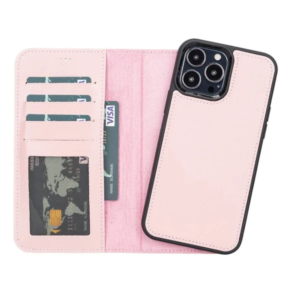 Apple iPhone 13 Pro Max Uyumlu Deri Cüzdanlı Kılıf NU2 Pembe ürün görseli 1