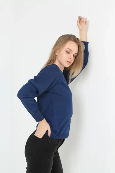 Unisex Uzun Kol V Yaka Triko Kazak - Indigo - Resim 3