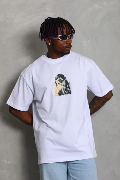 Erkek Baskılı Tişort Kısa Kol Bisiklet Yaka Ovarsize T-shirt -  Beyaz ürün görseli 1