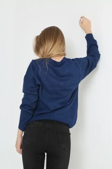 Unisex Uzun Kol V Yaka Triko Kazak - Indigo - Resim 2