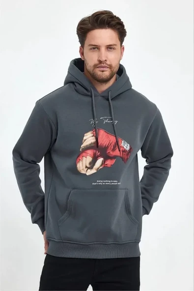 Erkek Kapüşonlu Üç İplik Pamuklu Baskılı Sweatshirt - Füme ürün görseli 1