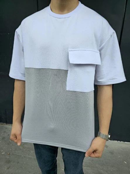 Unisex Torba Cep Detaylı Parçalı T-shirt - Gri ürün görseli 1