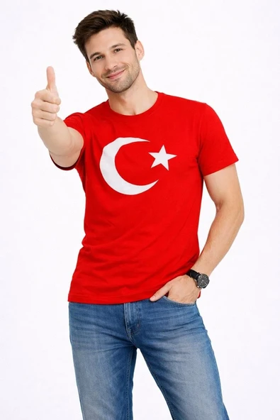 Erkek T-shirt Kısa Kol Bisiklet Yaka Ay Yıldız Bayrak Baskılı Tişört - Kırmızı ürün görseli 1
