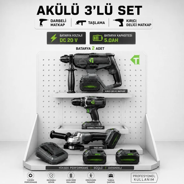 Akülü 3’lü Set 20V Kömürsüz Darbeli Matkap Kırıcı Delici Avuç Taşlama Çift Akülü 5.0Ah Somun Sökme ürün görseli 1