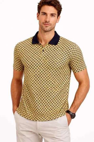 Erkek Pike Kumaş Polo Yaka Desenli Tişört Kısa Kol Yazlık T-shirt - Sarı ürün görseli 1