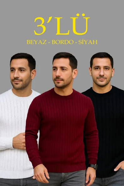 Erkek Fitilli Triko Bisiklet Yaka Kalın Kazak 3'lü Set Beyaz-bordo-siyah ürün görseli 1