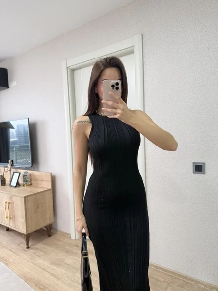 Fitilli Triko Elbise Kolsuz Sırtı Kapalı Maxi Uzun Boy - Siyah ürün görseli 1
