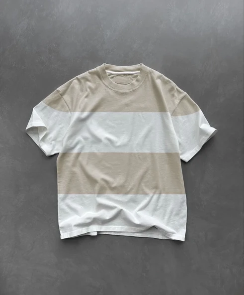 Unisex Bisiklet Yaka Parçalı T-shirt - Bej ürün görseli 1