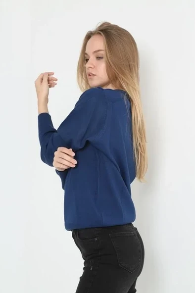 Unisex Uzun Kol V Yaka Triko Kazak - Indigo - Resim 4