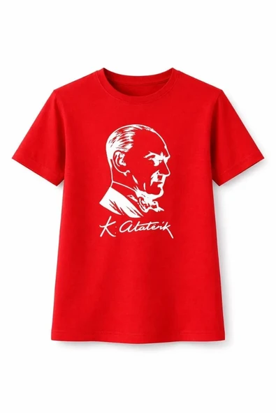 Kız Çocuk Atatürk Baskılı Tişört Kısa Kollu Bisiklet Yaka T-shirt - Kırmızı ürün görseli 1