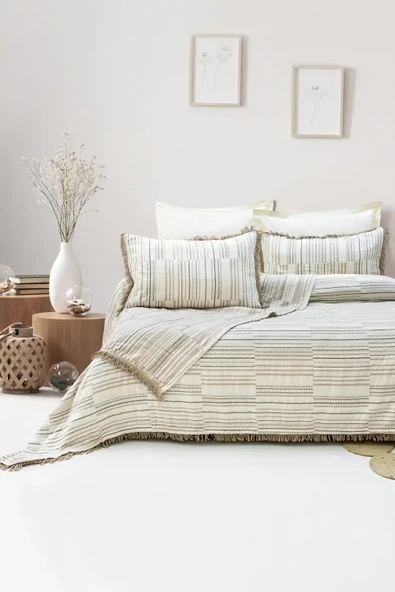 Şaheser Home Collection Yatak Örtüsü Çift Kişilik Müslin Lia Bej ürün görseli 1