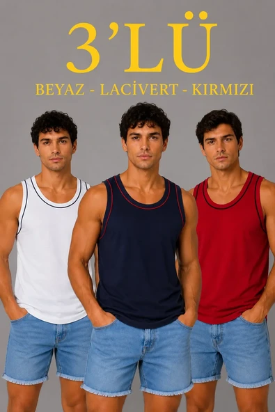 Erkek 3’lü Kolsuz Sporcu Atlet Seti Yazlık Bisiklet Yakalı - Lacivert, Kırmızı, Beyaz ürün görseli 1