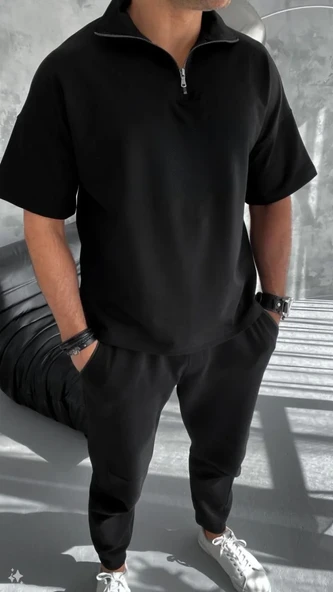 Unisex Yarım Fermuarlı Basic T-shirt - Siyah - Resim 3