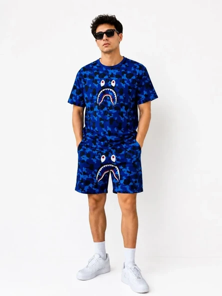 Erkek Oversize Kalıp Pubg Bape X Shark Nakışlı Cepli Şort Takım - Mavi ürün görseli 1