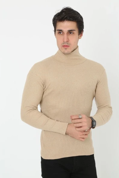Erkek Kaşkorse Boğazlı Full Likralı Fitilli Body Kazak - Bej ürün görseli 1