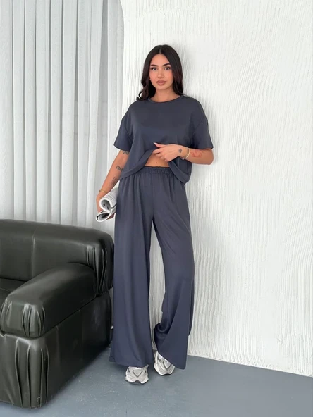 Osy Modal Yumuşak Dokulu Kumaş Bisiklet Yaka T-shirt Bol Paça Pantalon İkili Takım -antrasit ürün görseli 1