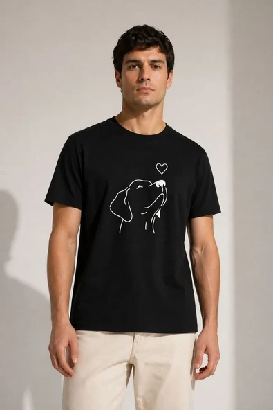 Erkek Köpek Figürlü Minimal Baskılı Tişört Kısa Kol Yazlık T-shirt - Siyah ürün görseli 1