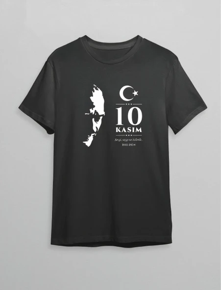 10 Kasım Atatürk Anma Günü Silüet Baskılı Oversize Bisiklet Yaka T-shirt - Siyah ürün görseli 1