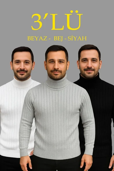 Erkek Fitilli Kazak Tam Boğazlı Balıkçı Yaka Triko 3'lü Set Beyaz-gri-siyah ürün görseli 1