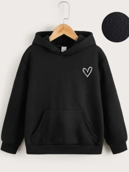 Çocuk Unisex Kapüşonlu Çizgi Kalp Baskılı Sweatshirt - Siyah ürün görseli 1