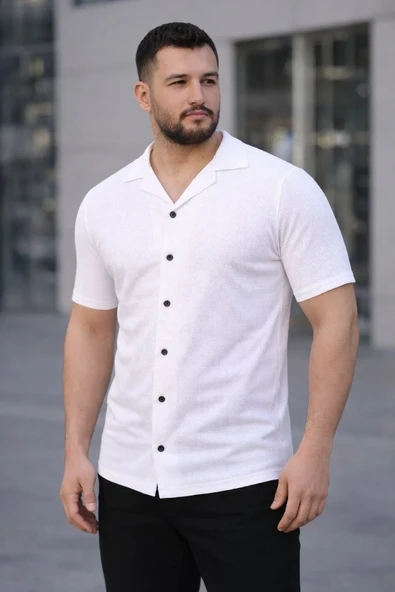Erkek Waffle Kumaş Kısa Kollu Düğmeli Açık Yaka Regular Fit Gömlek - Beyaz ürün görseli 1