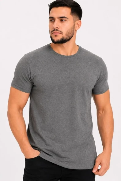 Erkek Basic Tişört Bisiklet Yaka Kısa Kol Günlük Yazlık Slim Fit T-shirt - Antrasit ürün görseli 1