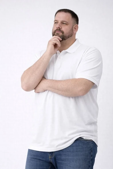 Erkek Pike Kumaş Düğmeli Yaka Battal Büyük Beden Günlük Kısa Kol Tişört T-shirt - Beyaz ürün görseli 1