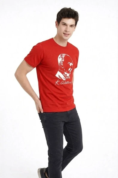 Erkek Atatürk Baskılı Tişört Kısa Kollu Bisiklet Yaka T-shirt - Kırmızı ürün görseli 1
