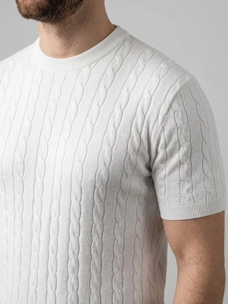 Erkek Yazlık Triko Dokuma Tişört Kısa Kol Bisiklet Yaka Örgü Desenli T-shirt - Beyaz ürün görseli 1