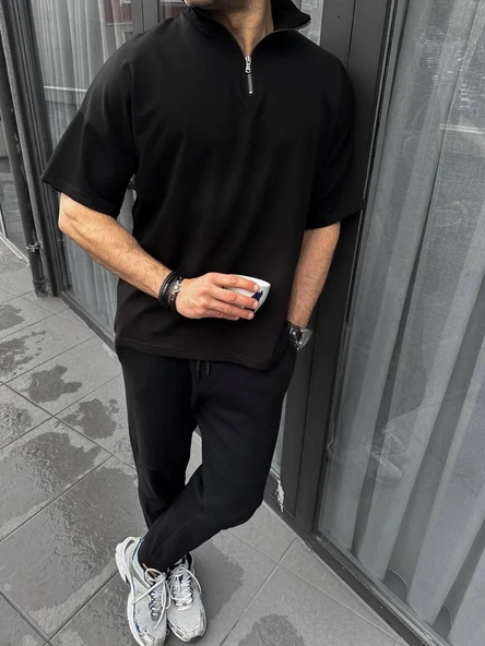 Unisex Yarım Fermuarlı Basic T-shirt - Siyah - Resim 2
