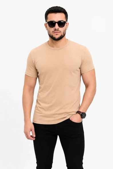 Erkek Basic Tişört Bisiklet Yaka Kısa Kol Günlük Yazlık Slim Fit T-shirt - Bej ürün görseli 1