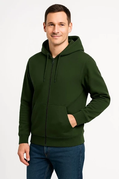 Erkek Üç İplik Kapüşonlu Tam Fermuarlı Kanguru Cepli Sweatshirt Hoodie - Haki ürün görseli 1