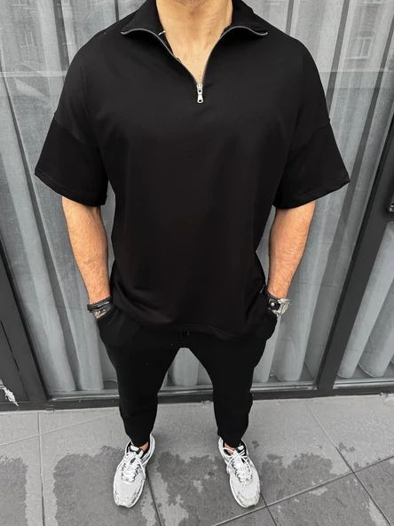 Unisex Yarım Fermuarlı Basic T-shirt - Siyah ürün görseli 1