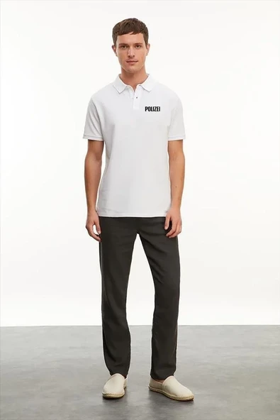 Yakası Düğmeli Yakalı Pike Baskılı T-shirt - Beyaz ürün görseli 1