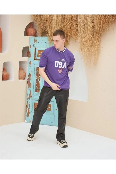 Erkek Bisiklet Yaka Tişört Nakış İşlemeli Kısa Kol Oversize T-shirt - Mor ürün görseli 1