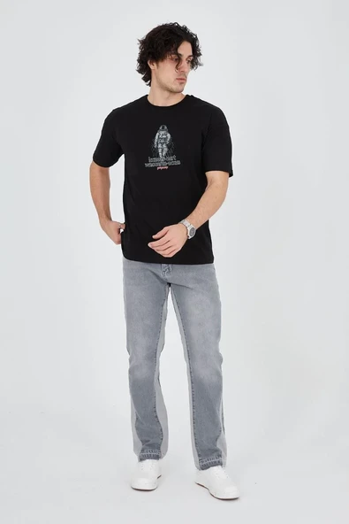 Erkek Baskılı T-shirt Kısa Kol Bisiklet Yaka Regular Fit Rahat Kalıp Günlük Tişört - Siyah ürün görseli 1